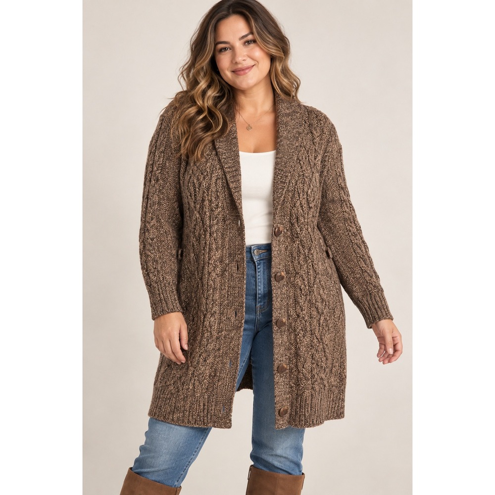 Y2K Indie Grandpacore Cable Knit Long Cardigan Brown 1X Pockets Boho Coastal